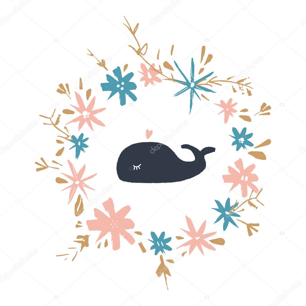 Cute baby whale art, floral frame template. Baby print. Vector and jpg image. Clipart, isolated details