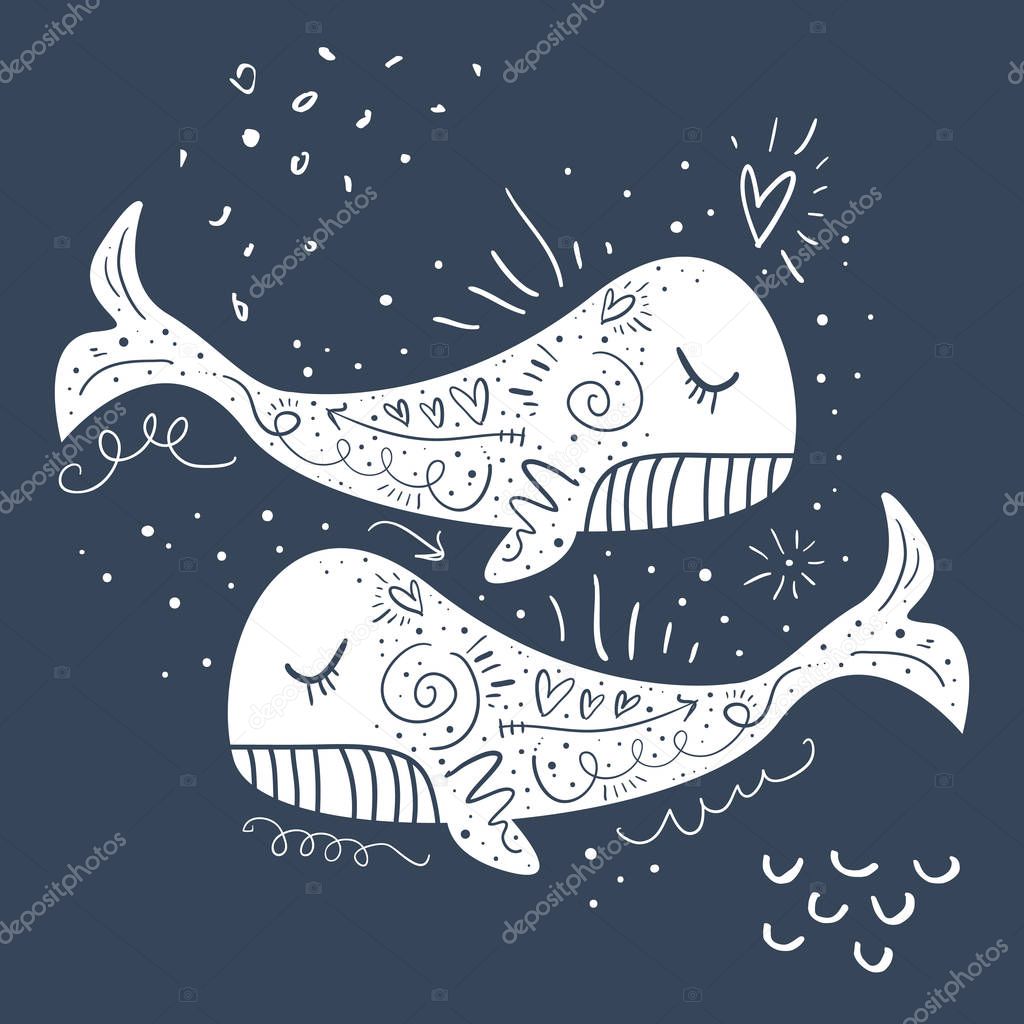 Vector little happy whales. Scandinavian style illustration. Cute nursery poster