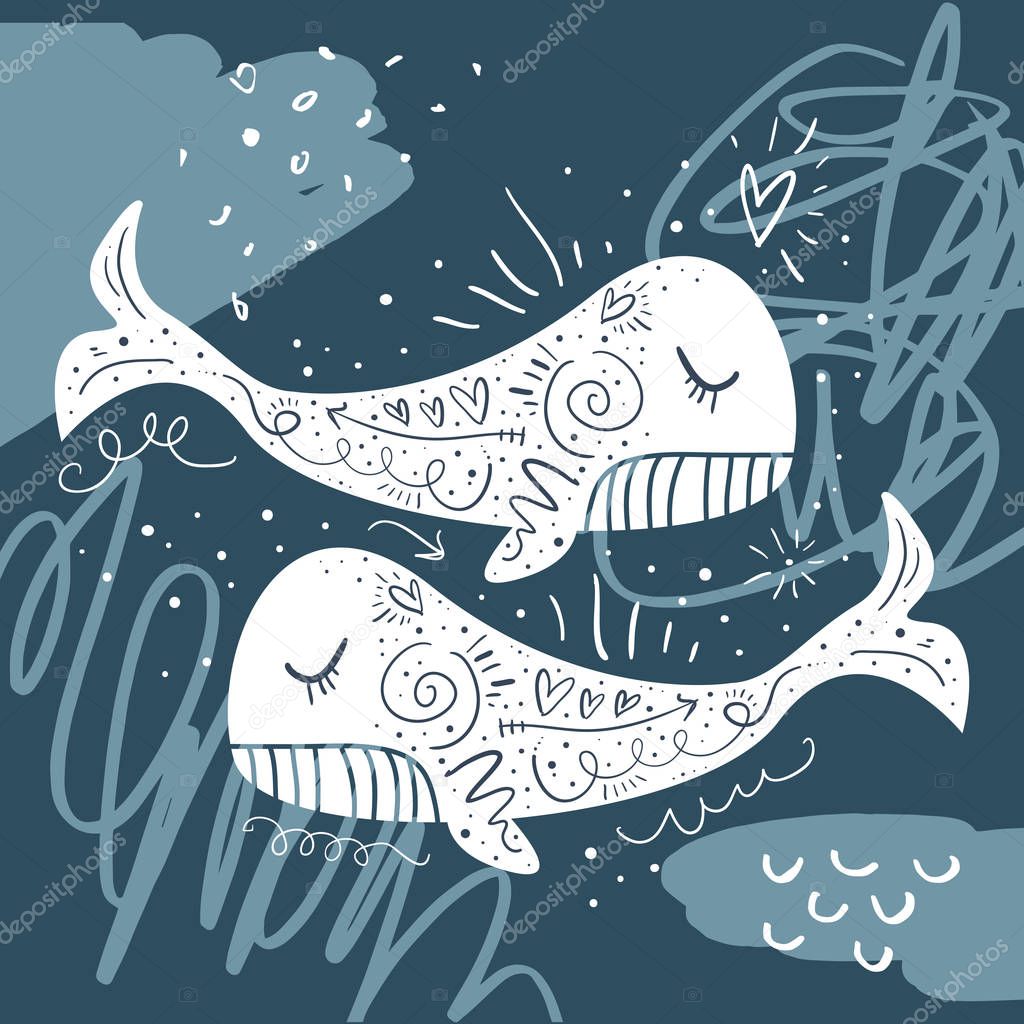 Vector little happy whales. Scandinavian style illustration. Cute nursery poster