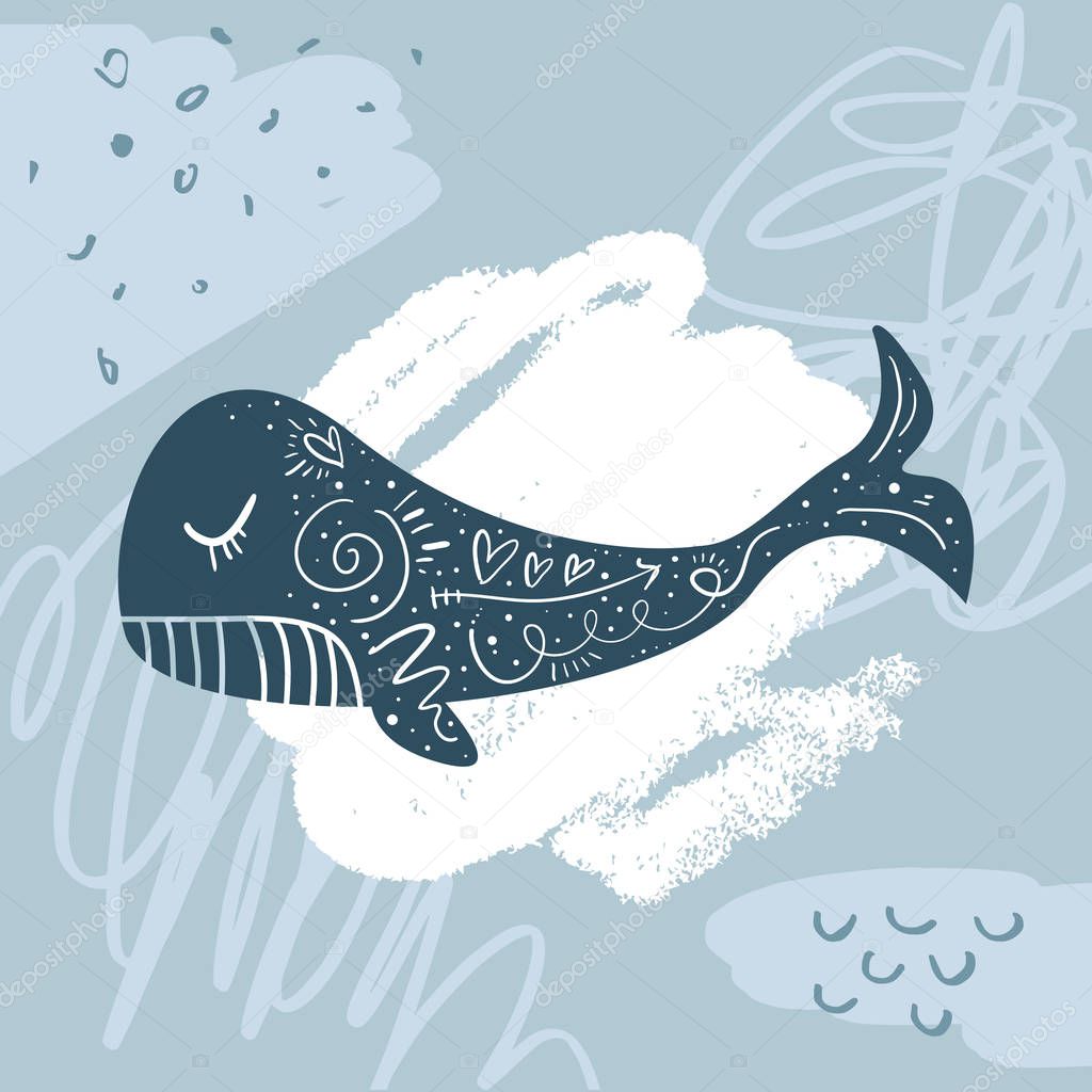Vector little cute whale. Scandinavian style illustration. Cute nursery poster