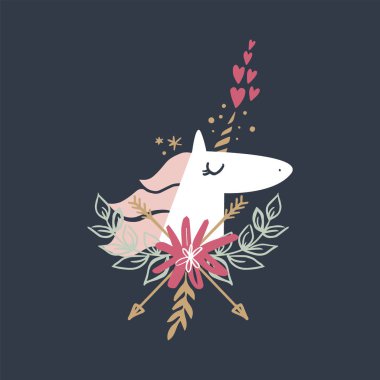 Vektör bebek unicorn yüz sanat desenli çerçeve ile. Çocuklar illüstrasyon baskılar, Doğum günü davetiyeleri, kartlar. Kız kartpostal büyülü Midilli, çelenk çiçek, altın elemanları ile