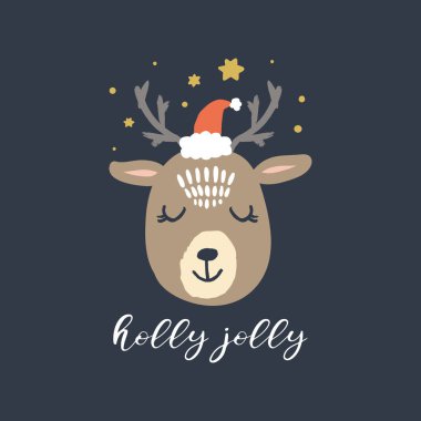 Mutlu Noeller, Holly Jolly. Vektör sevimli kış kutup geyik Santa metin ile. Kreş tatil illüstrasyon. Bu kullanılabilir duvar sanatı, tebrik kartı, poster, Çocuk giyim için