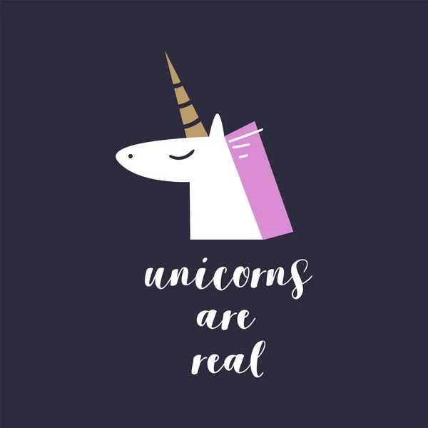 Vector lindo unicornio cabeza ilustración, tarjeta y camiseta de diseño — Vector de stock
