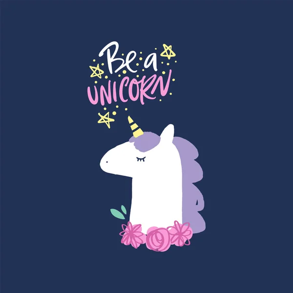 Vector lindo unicornio cabeza ilustración, tarjeta y camiseta de diseño — Vector de stock