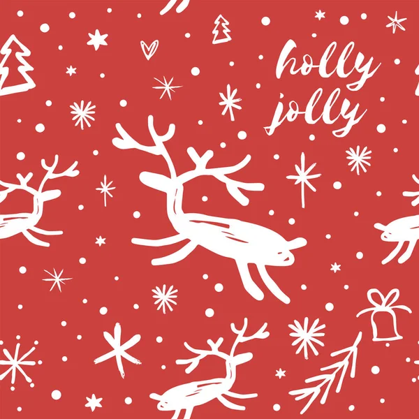 Vector Scandinavian Style Christmas Red Pattern Deer Illustration Holly Jolly — Stock Vector