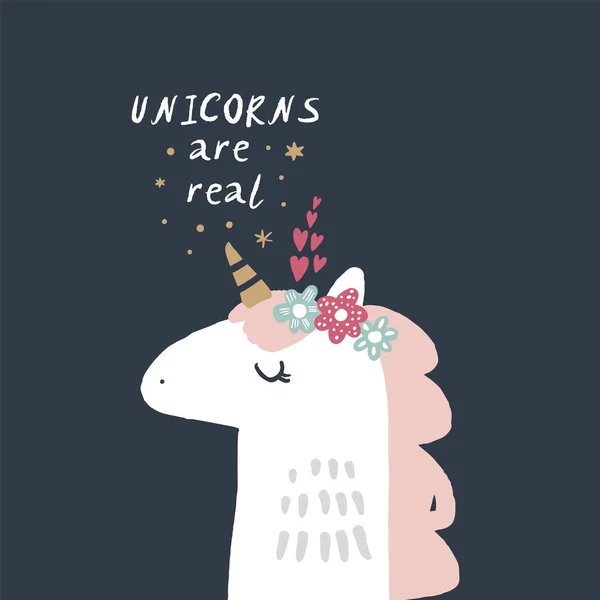 Los Unicornios Son Reales Vector Bebé Unicornio Cara Arte Con — Vector de stock