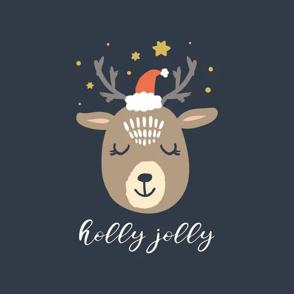 Merry Christmas Holly Jolly Vector Cute Winter Polar Deer Santa — Stock Vector