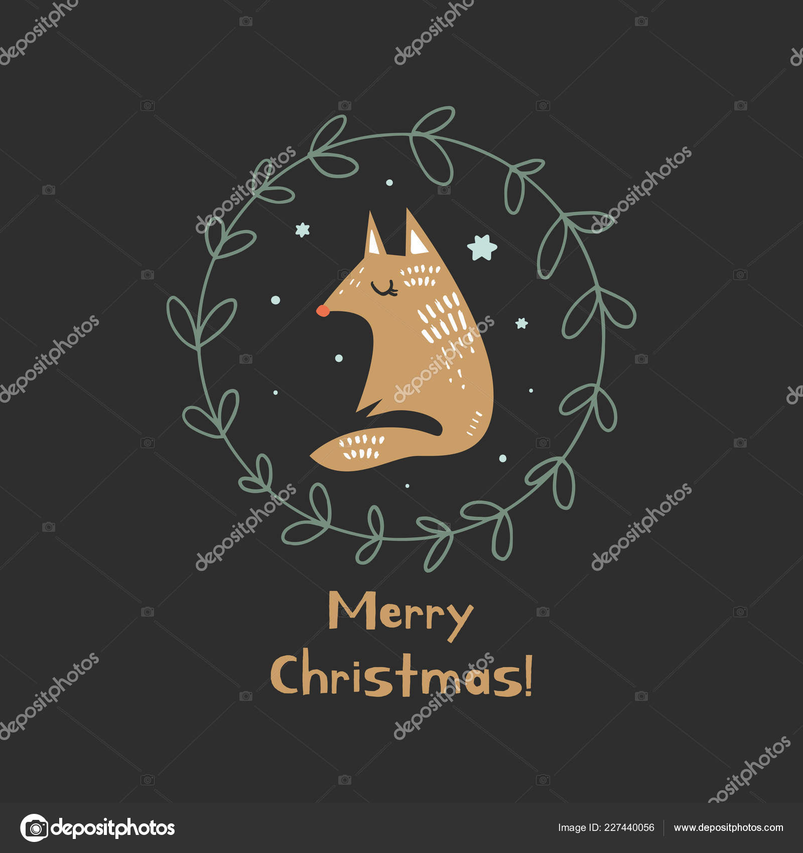 Feliz Navidad Postal Invierno Lindo Noel Con Guirnalda Verde Fox