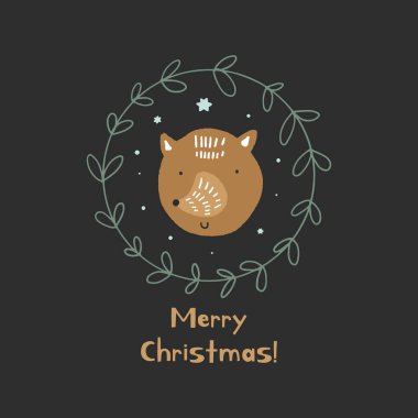Mutlu Noeller. Sevimli kış Noel kartpostalı fox ve yeşil çelenk ile vektör. Kreş tatil illüstrasyon. Bu kullanılabilir duvar sanatı, tebrik kartı, poster, Çocuk giyim için