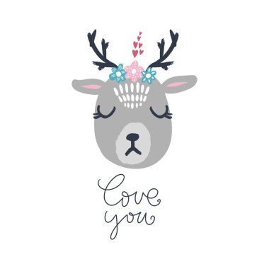 Çiçek çelenk ile vektör sevimli kış kutup geyik kız. Kreş tatil illüstrasyon. Bu kullanılabilir duvar sanatı, tebrik kartı, poster, Çocuk giyim için