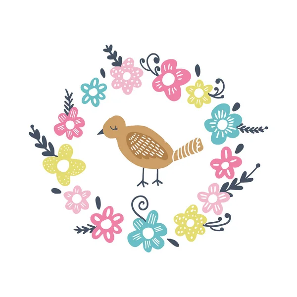 Sevgi Çerçeve Çiçek Elle Çizilmiş Kuş Vektör Çizim — Stok Vektör