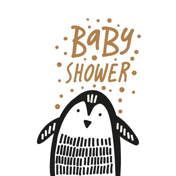 Söt Dagis Hand Dras Lite Pingvin Baby Shower Animal Print — Stock vektor