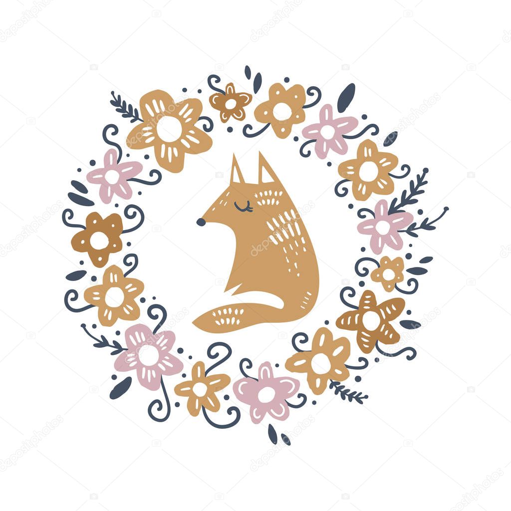 Cute baby fox art, floral frame template. Baby print. Vector and jpg image. Clipart, isolated details