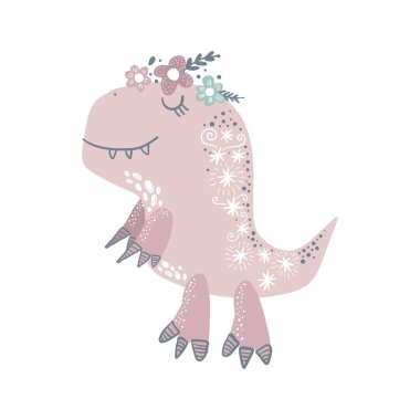 Vektör şirin bebek dinozor sanat. Kawaii kız t-rex. Kreş illüstrasyon. O-ebilmek var kullanılmış duvar sanatı, tebrik kartı, poster, Çocuk Giyim ve daha fazlası için