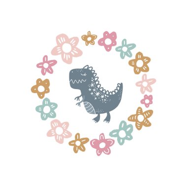 Vektör şirin bebek dinozor sanat. Çiçekli çerçeve. Kreş illüstrasyon. O-ebilmek var kullanılmış duvar sanatı, tebrik kartı, poster, Çocuk Giyim ve daha fazlası için