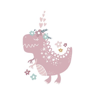 Vektör şirin bebek dinozor sanat. Kawaii kız t-rex. Kreş illüstrasyon. O-ebilmek var kullanılmış duvar sanatı, tebrik kartı, poster, Çocuk Giyim ve daha fazlası için