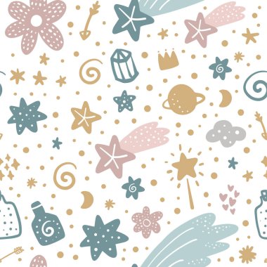 Şirin el çekilmiş boho pastel kreş desen. Pastel renkler. Parmak izi, Doğum günü davetiyeleri, kartları için iyi. Kız gibi sihirli öğeleri. Vektör, küçük resim