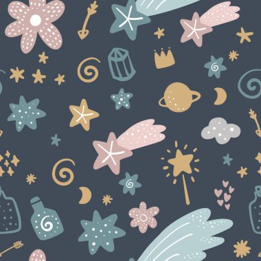 Şirin el çekilmiş boho pastel kreş desen. Pastel renkler. Parmak izi, Doğum günü davetiyeleri, kartları için iyi. Kız gibi sihirli öğeleri. Vektör, küçük resim