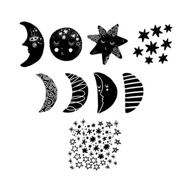 Ay ve yıldız toplama. Kreş illüstrasyon, oda dekorasyon, duvar sanatı, bebek duş tebrik kartı, poster, Çocuk giyim için iyi ve daha fazlası. EPS, küçük resim