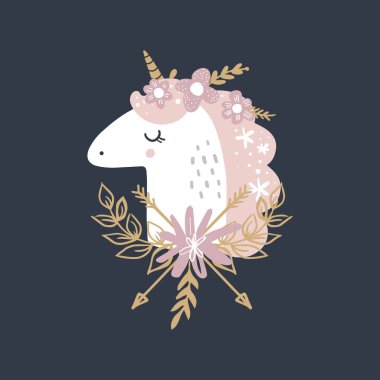 Şirin el kız tek boynuzlu at pastel kreş sanat çekilmiş. Pastel renkler. Parmak izi, Doğum günü davetiyeleri, kartları için iyi. Büyülü Midilli, çelenk çiçek, altın öğeleri ile kız kartpostal. Vektör, küçük resim