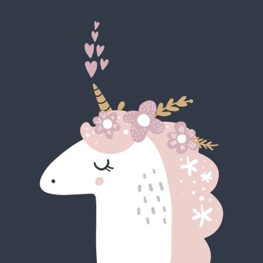 Şirin el kız tek boynuzlu at pastel kreş sanat çekilmiş. Pastel renkler. Parmak izi, Doğum günü davetiyeleri, kartları için iyi. Büyülü Midilli, çelenk çiçek, altın öğeleri ile kız kartpostal. Vektör, küçük resim