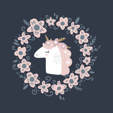 Şirin el kız tek boynuzlu at pastel kreş sanat çekilmiş. Pastel renkler. Parmak izi, Doğum günü davetiyeleri, kartları için iyi. Büyülü Midilli, çelenk çiçek, altın öğeleri ile kız kartpostal. Vektör, küçük resim