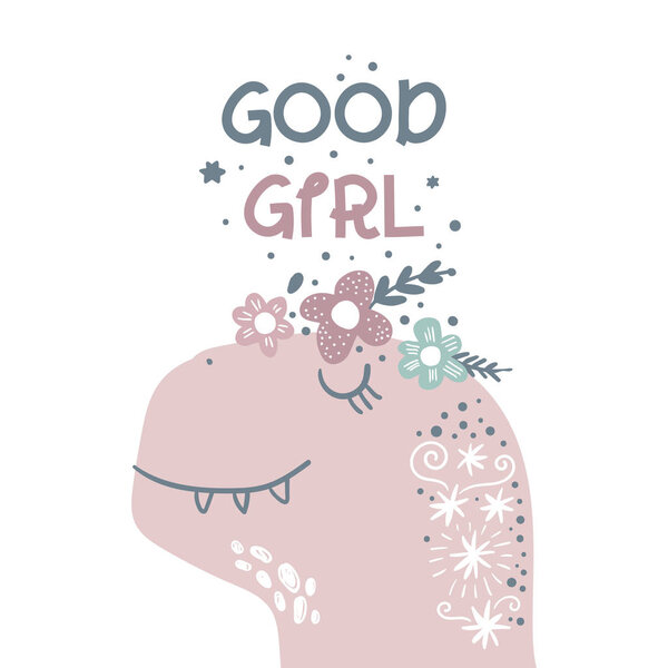 Vector cute baby dinosaur art. Kawaii girl t-rex. Nursery illustration. It can be used for wall art, greeting card, poster, kids apparel and more