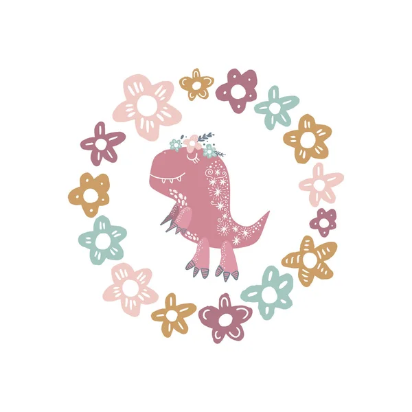 Vektor Niedlichen Baby Dinosaurier Kunst Blumen Umrahmen Kawaii Mädchen Rex — Stockvektor