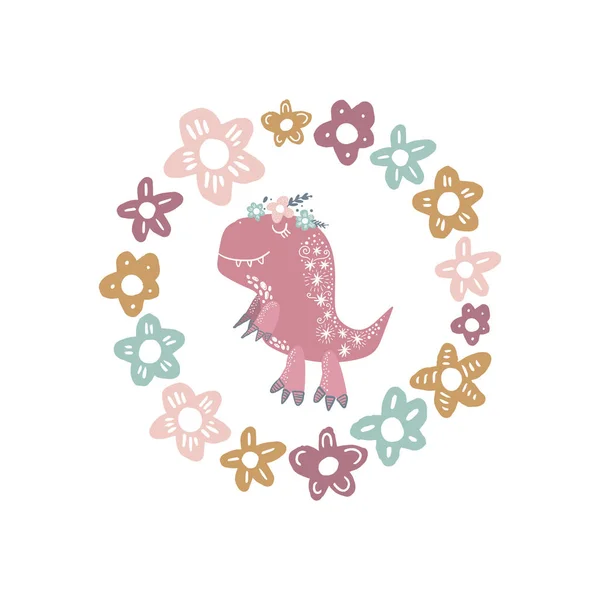 Vector Lindo Bebé Dinosaurio Arte Marco Flores Kawaii Chica Rex — Vector de stock