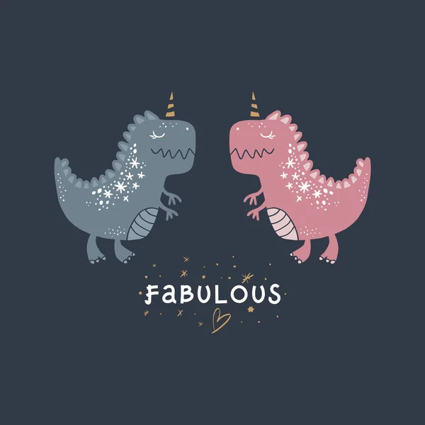 Vector Lindo Bebé Dinosaurios Arte Chico Chica Unicornios Dino Ilustración — Archivo Imágenes Vectoriales