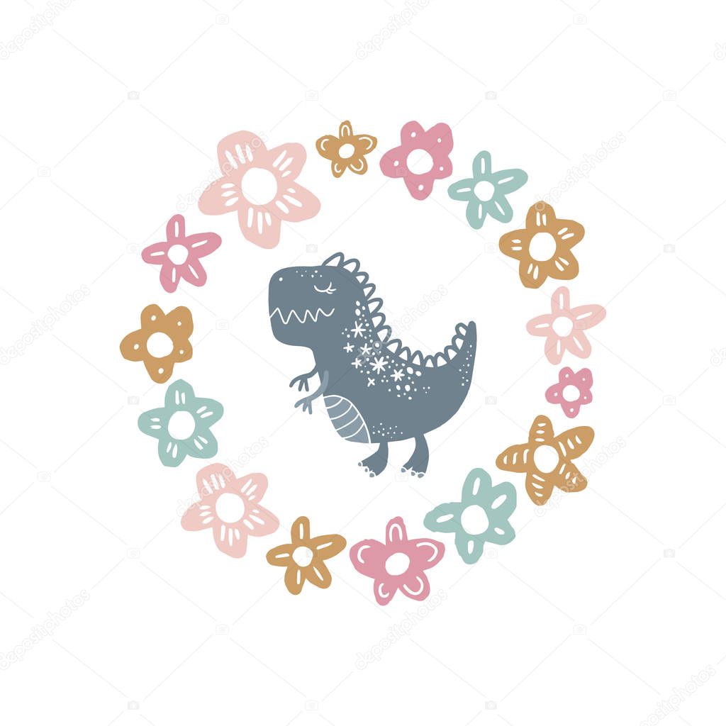 Vector cute baby dinosaur art. Flowers frame. Nursery illustration. It can be used for wall art, greeting card, poster, kids apparel and more