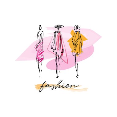 Moda modelleri çizilmiş kroki, beyaz arka plan üzerinde izole stilize mürekkep siluetleri ver. Vektör çizim