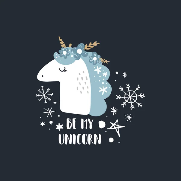 Cute Hand Drawn Unicorn Art Christmas New Year Theme Postcard — Stock Vector