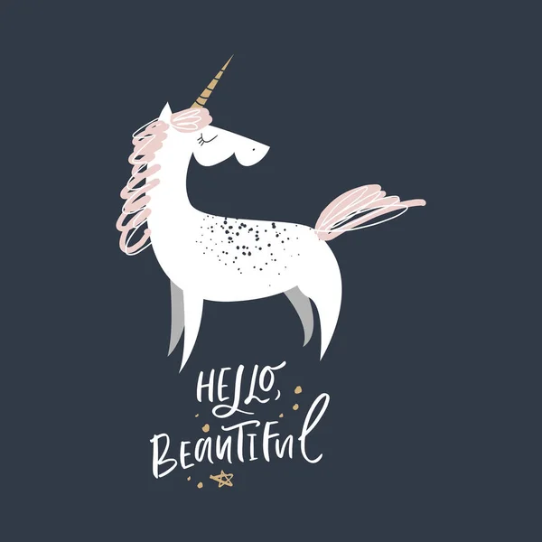 Hola Hermoso Texto Arte Lindo Unicornio Ilustración Elegante Del Bebé — Vector de stock