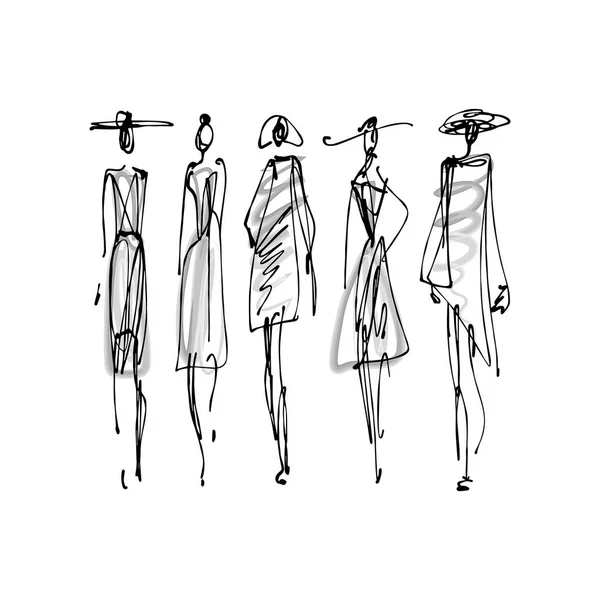 Fashion Models Hand Drawn Sketch Stylized Ink Silhouettes Isolated
