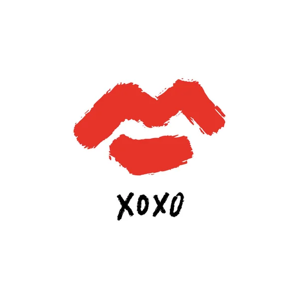 Hand Drawn Red Lipstick Kiss Symbol Hugs Kisses Text Vector — 스톡 벡터