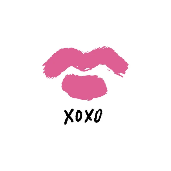 Hand drawn pink lipstick kiss symbol, hugs and kisses text. Vector illustration