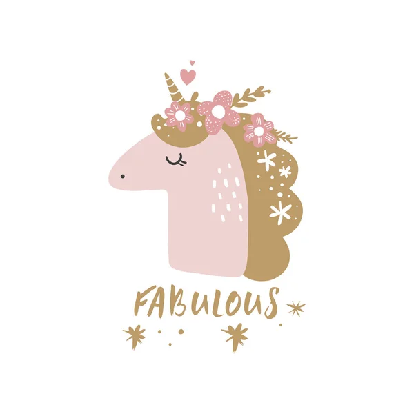 Lindo Unicornio Cabeza Fabuloso Cuento Hadas Caballo Pony Hembra Magia — Vector de stock