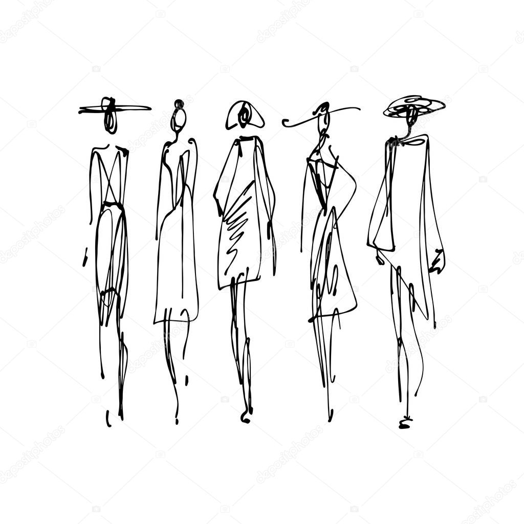 Fashion models hand drawn sketch, stylized ink silhouettes isolated on white background. Vector illustration