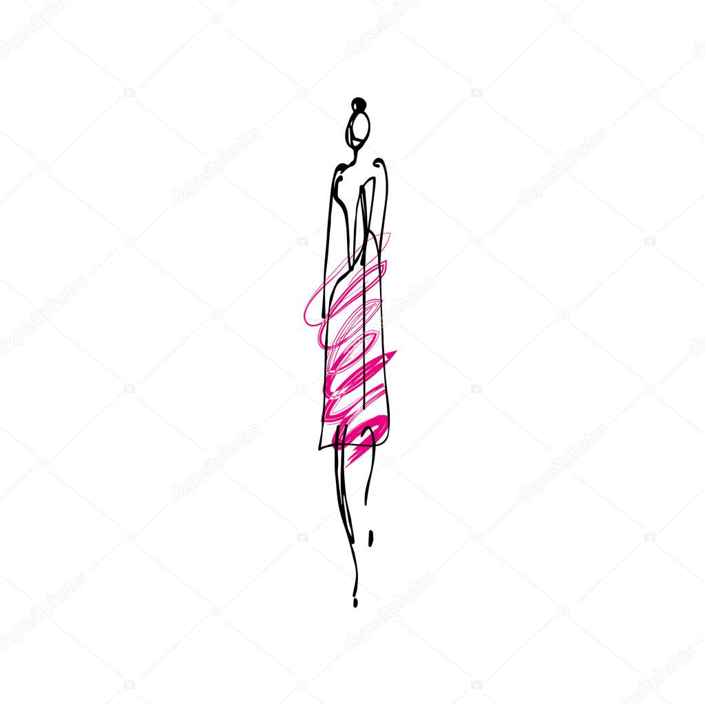 Fashion model hand drawn sketch, stylized ink silhouette isolated on white background. Vector illustration