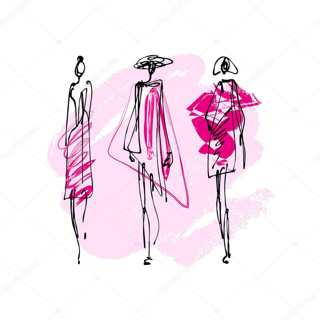 Fashion models hand drawn sketch, stylized ink silhouettes isolated on white background. Vector illustration