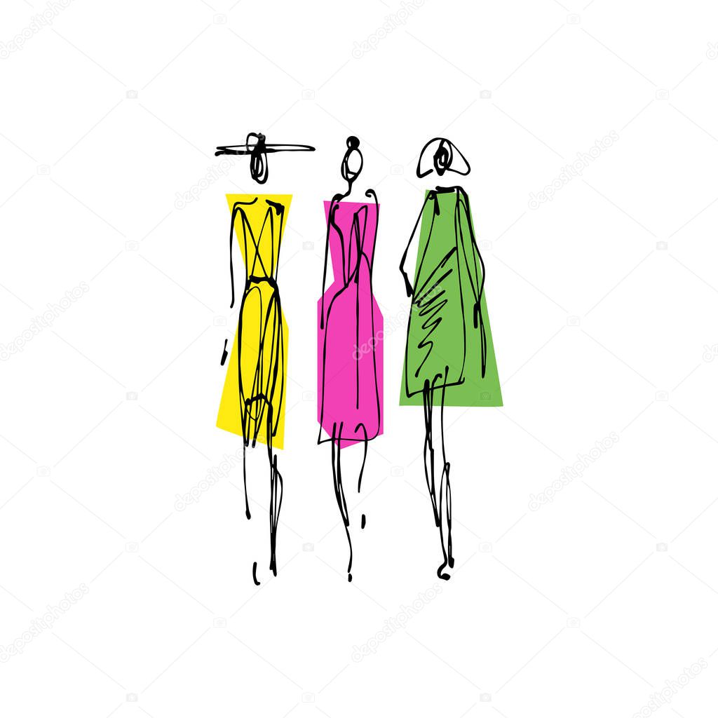 Fashion models hand drawn sketch, stylized ink silhouettes isolated on white background. Vector illustration