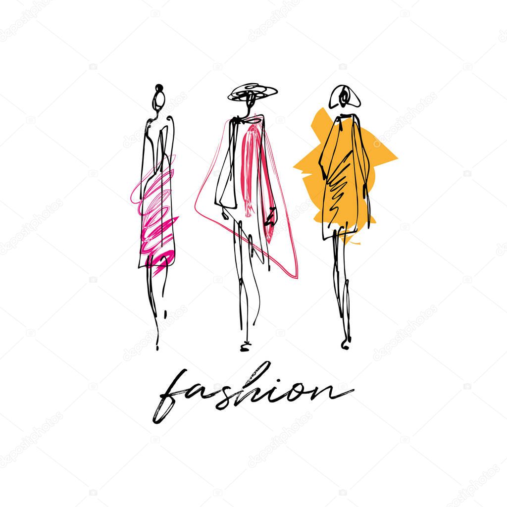 Fashion models hand drawn sketch, stylized ink silhouettes isolated on white background. Vector illustration