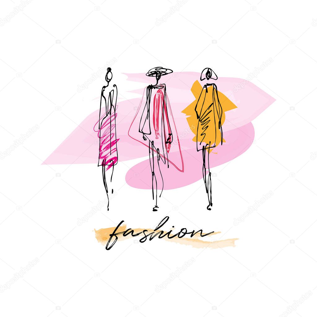 Fashion models hand drawn sketch, stylized ink silhouettes isolated on white background. Vector illustration