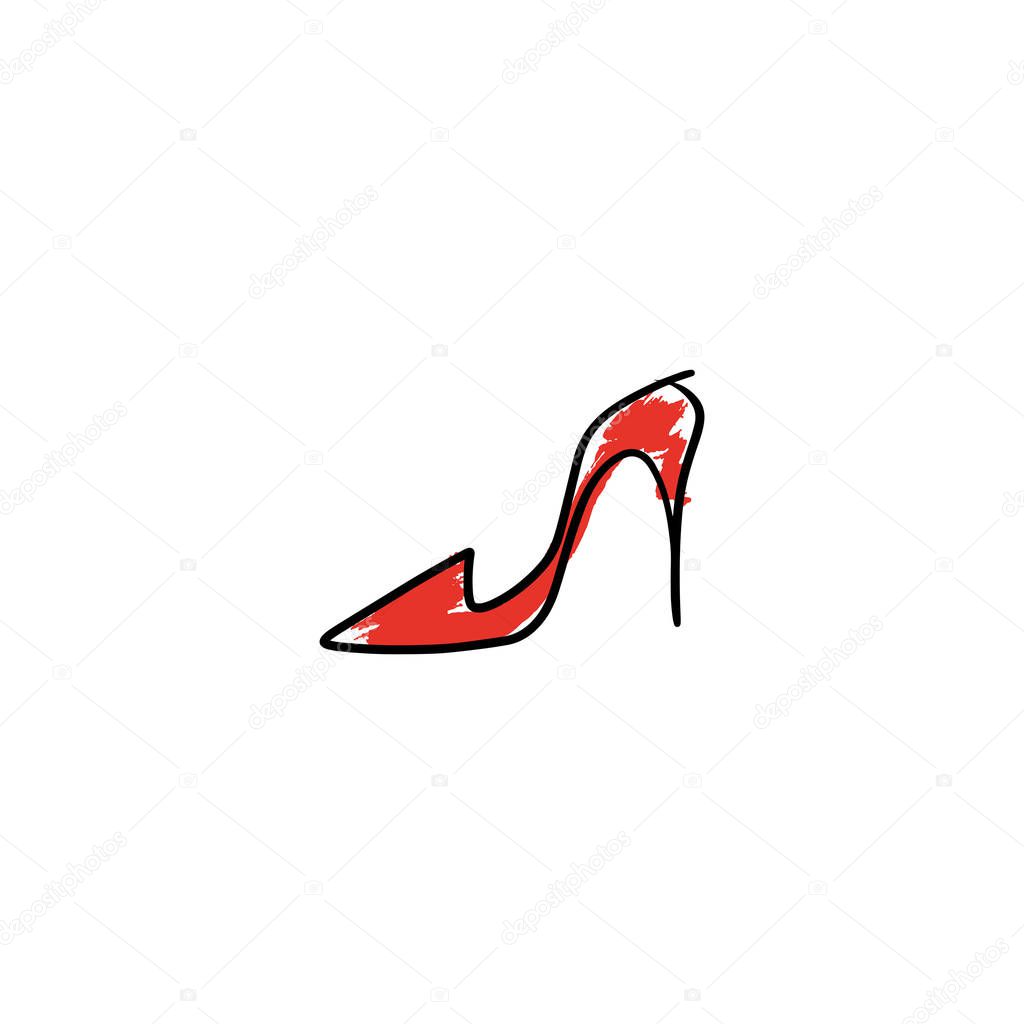 Hand drawn beautiful red leather woman shoe with high heel. Fashion illustration isolated on white background, girl sketch, shopping label or shoestore logotype. Handwritten style text 