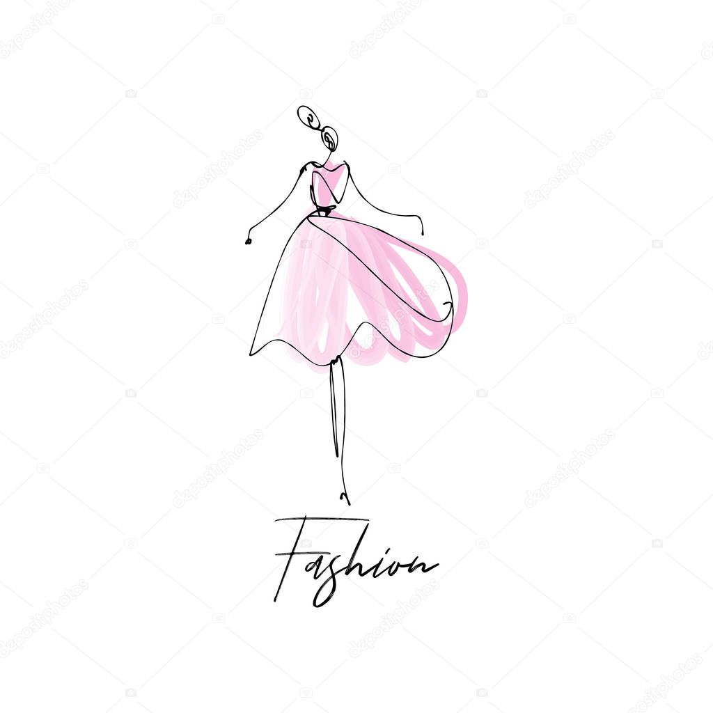  Fashion model hand drawn sketch, stylized ink silhouette isolated on white background. Vector illustration