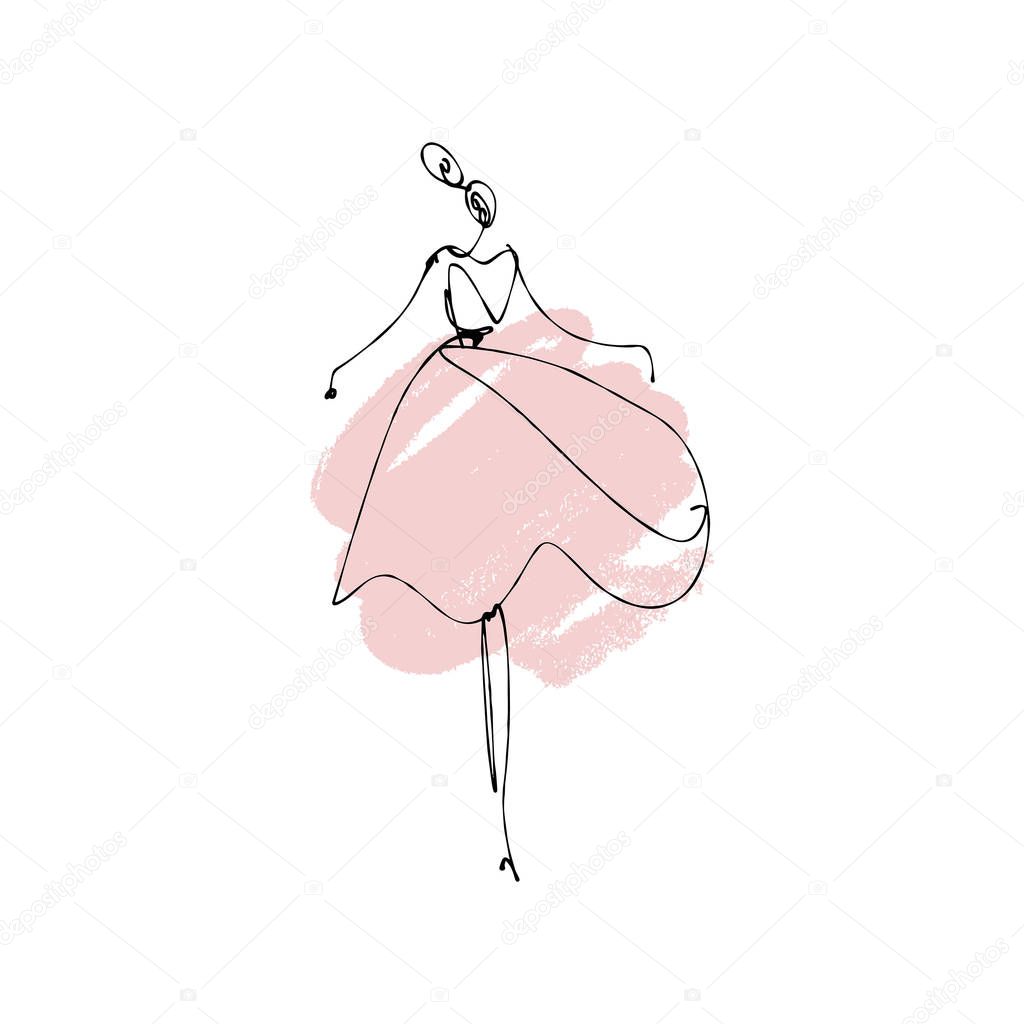 Dancing girl. Fashion model hand drawn sketch, stylized ink line silhouette isolated on white background. Vector illustration