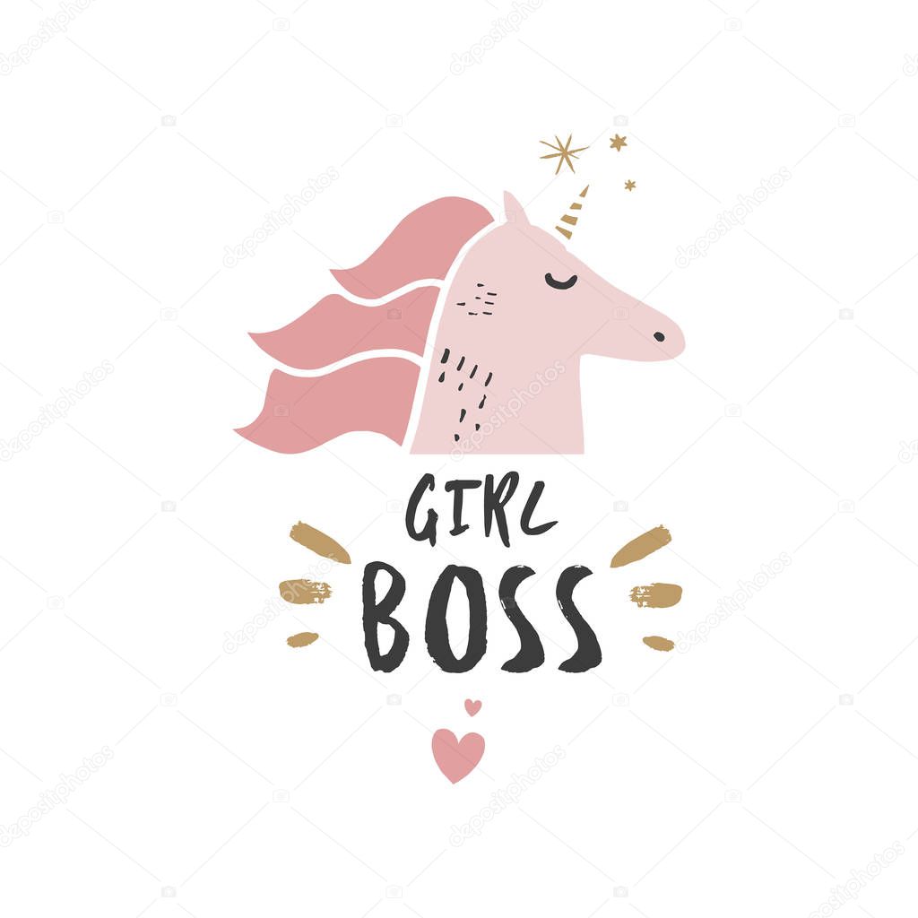 Cute hand drawn unicorn. Pastel colors. Good for girl prints, birthday invitations, cards. Postcard with magical pony. Vector illustration. Girl boss theme  