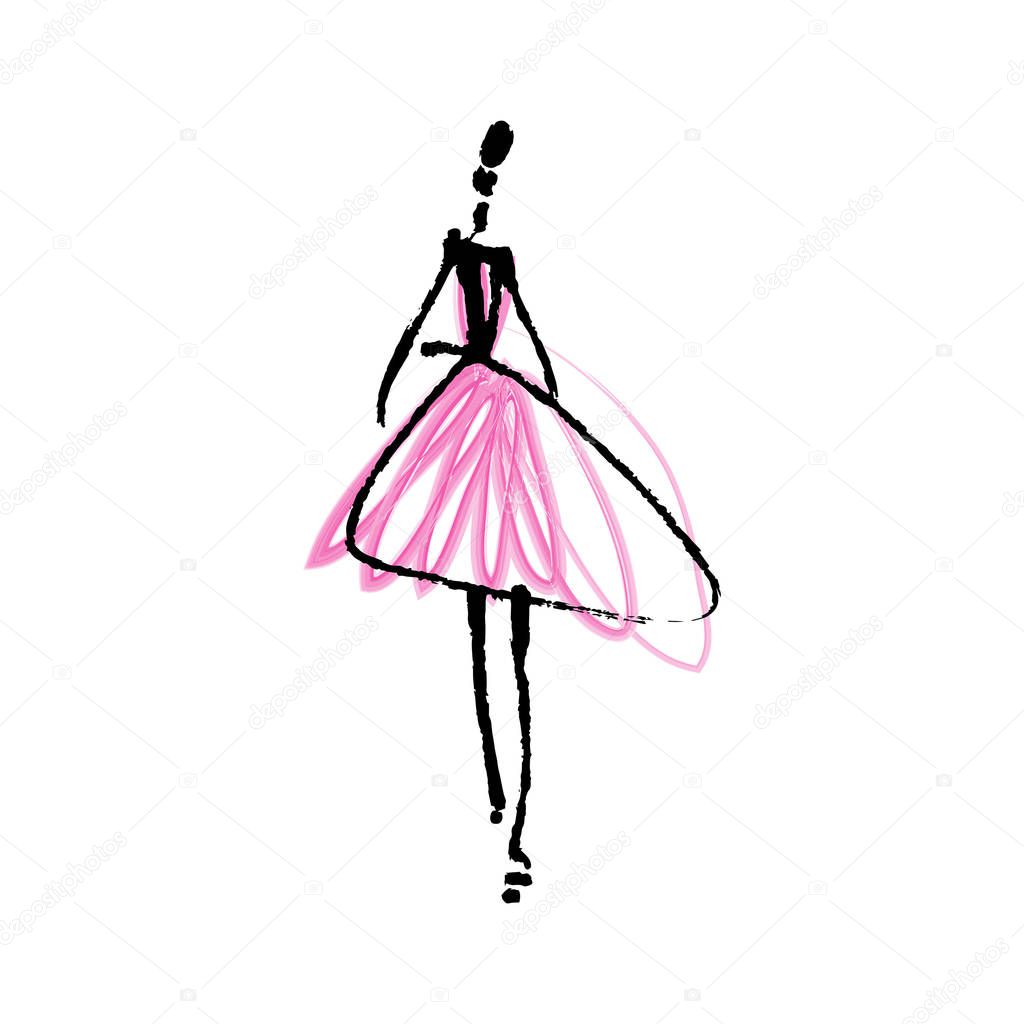 Fashion model hand drawn sketch, stylized ink and watercolor silhouette isolated on white background. Vector illustration