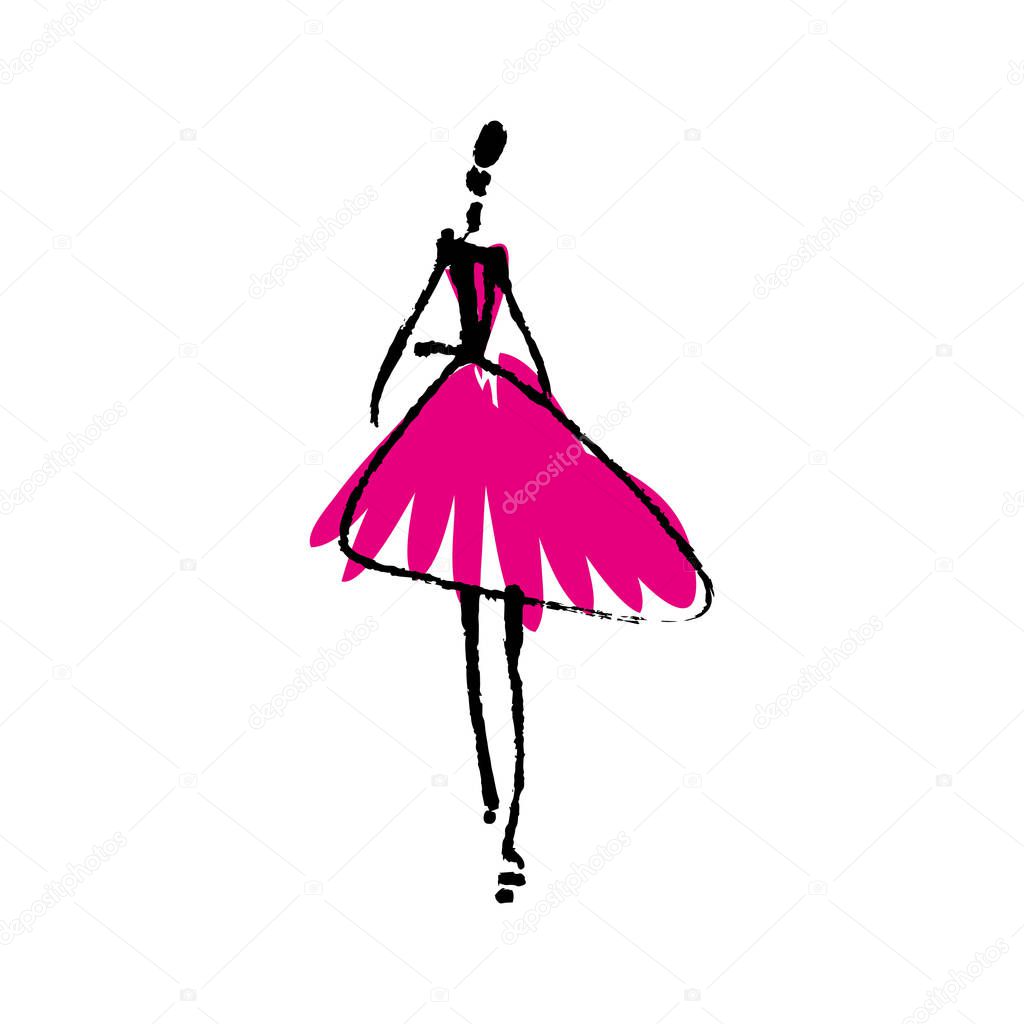 Fashion model hand drawn sketch, stylized ink and watercolor silhouette isolated on white background. Vector illustration